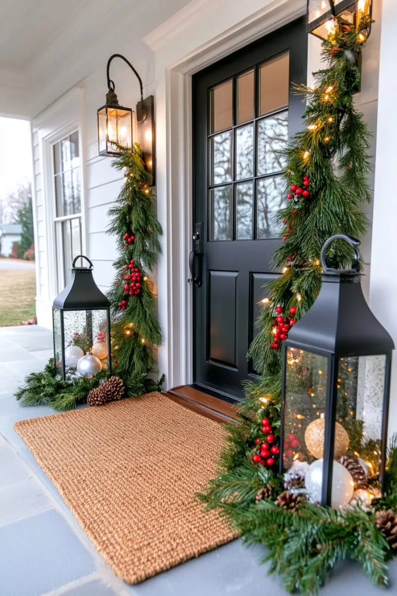 black lanterns filled with fairy lights for glowing christmas entryway style 1