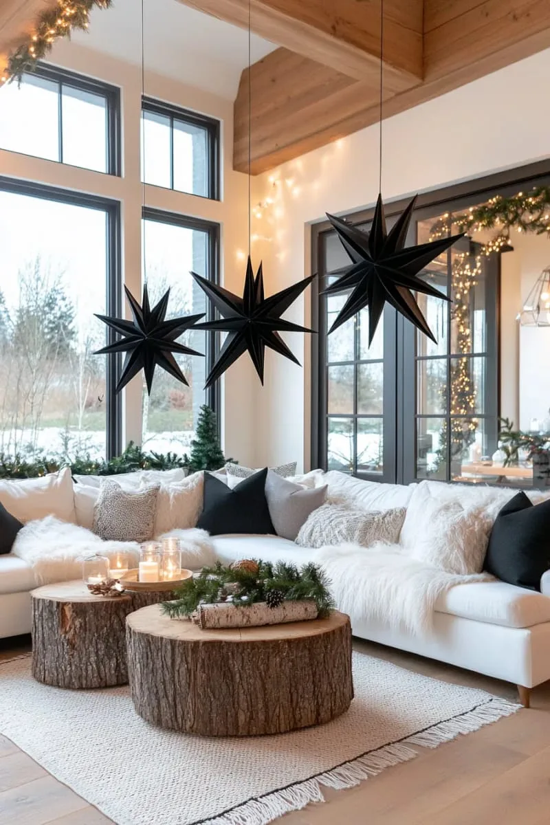 black paper star ornaments hung in front of frosty windows 1