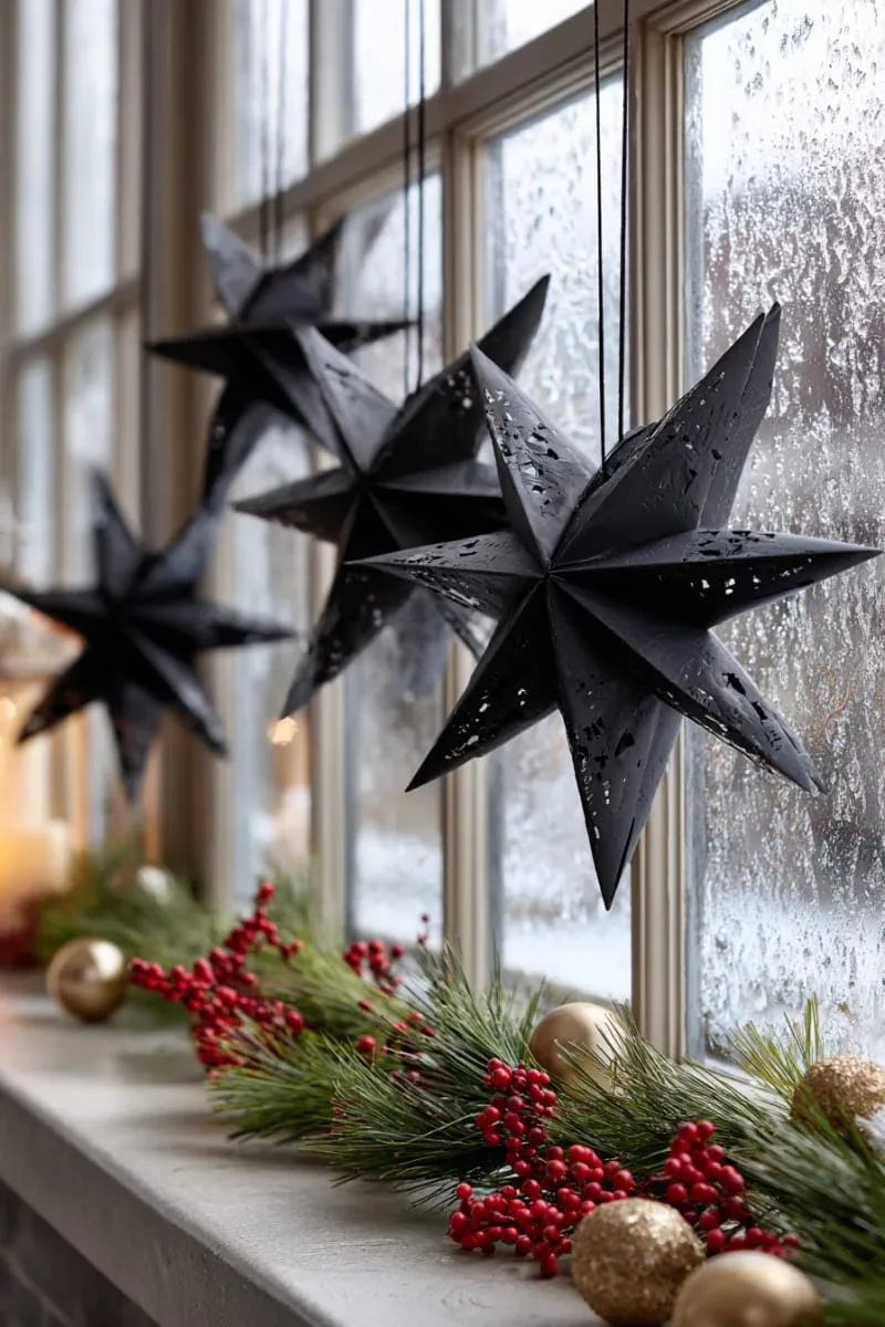 black paper star ornaments hung in front of frosty windows 1