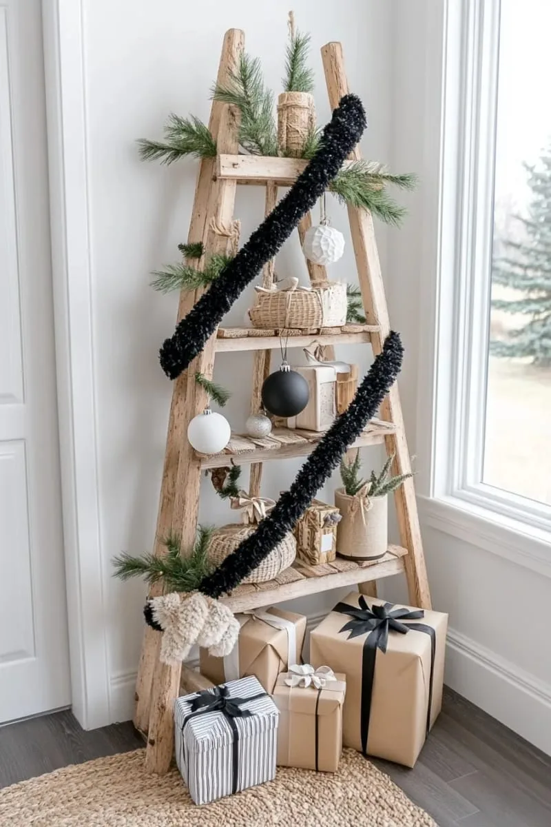 black pom pom garland accenting a minimalist christmas ladder tree 1