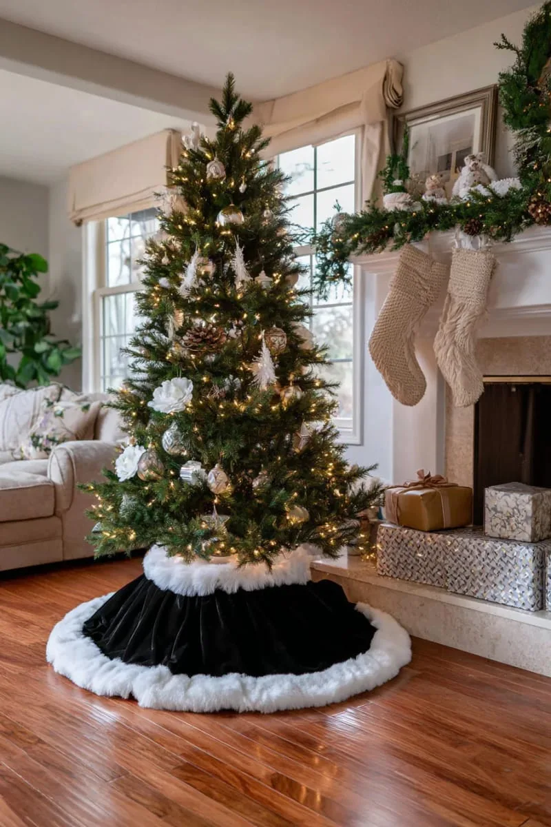 black velvet tree skirt edged in snowy white faux fur 1