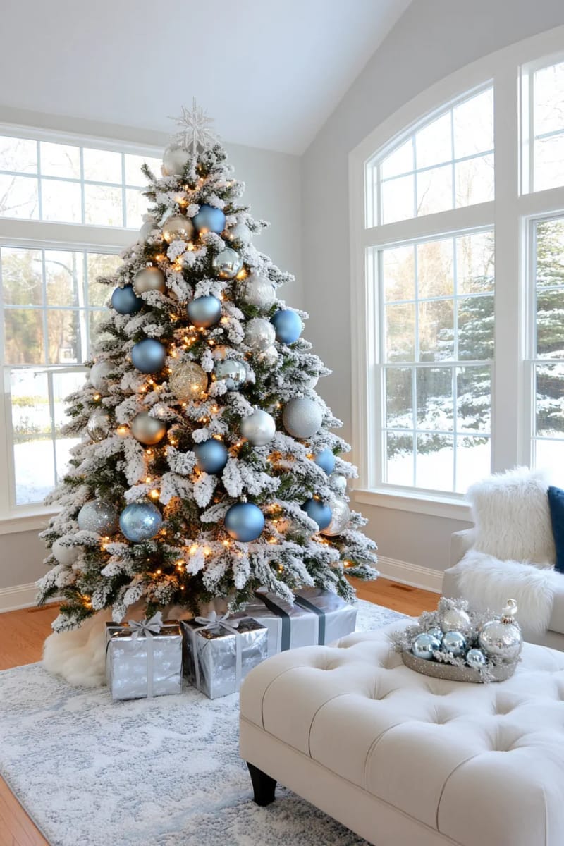 blue and silver ornaments on a flocked tree for a frosty winter vibe 1