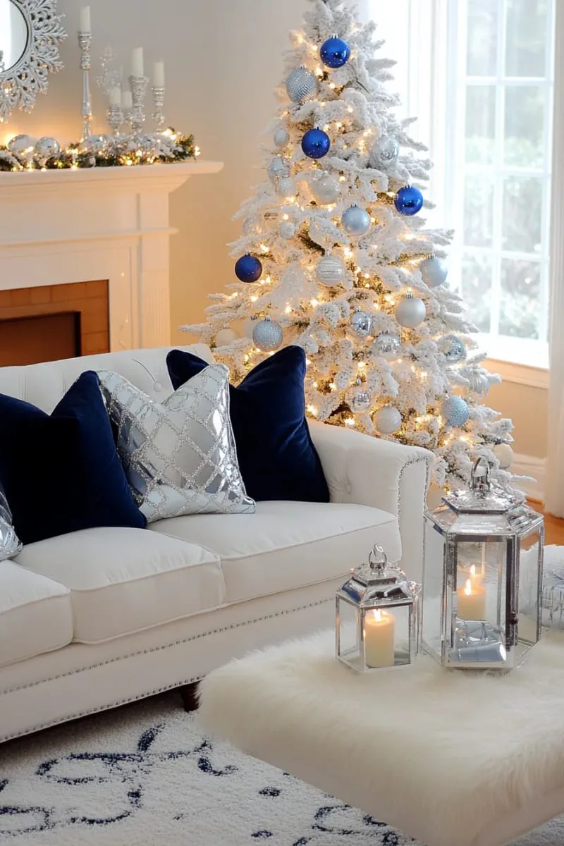 blue and silver ornaments on a flocked tree for a frosty winter vibe 1