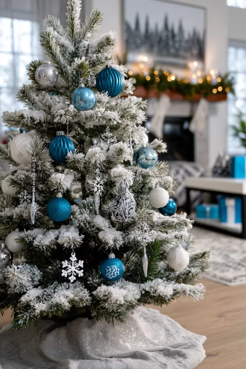 blue and silver ornaments on a flocked tree for a frosty winter vibe 1