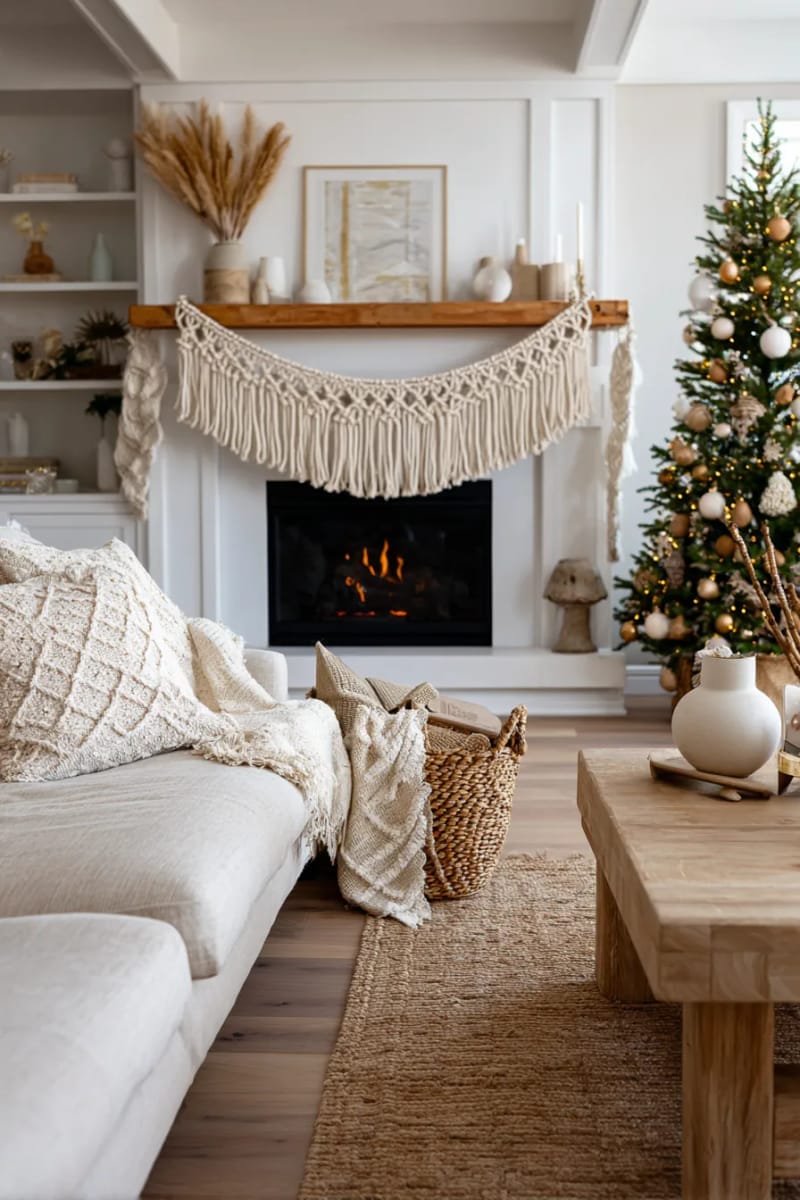 boho-chic christmas in neutrals—macramé garlands and pampas grass accents 1