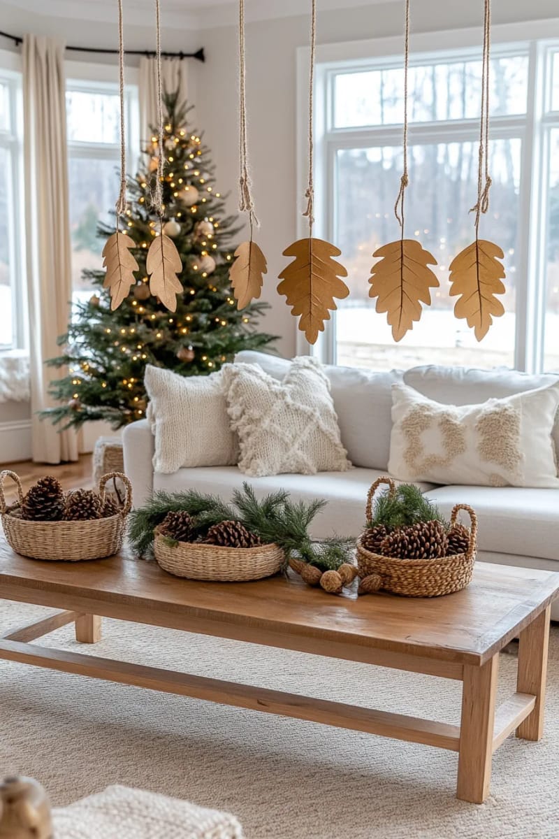 boho-inspired hanging leaves painted gold and strung on twine 1