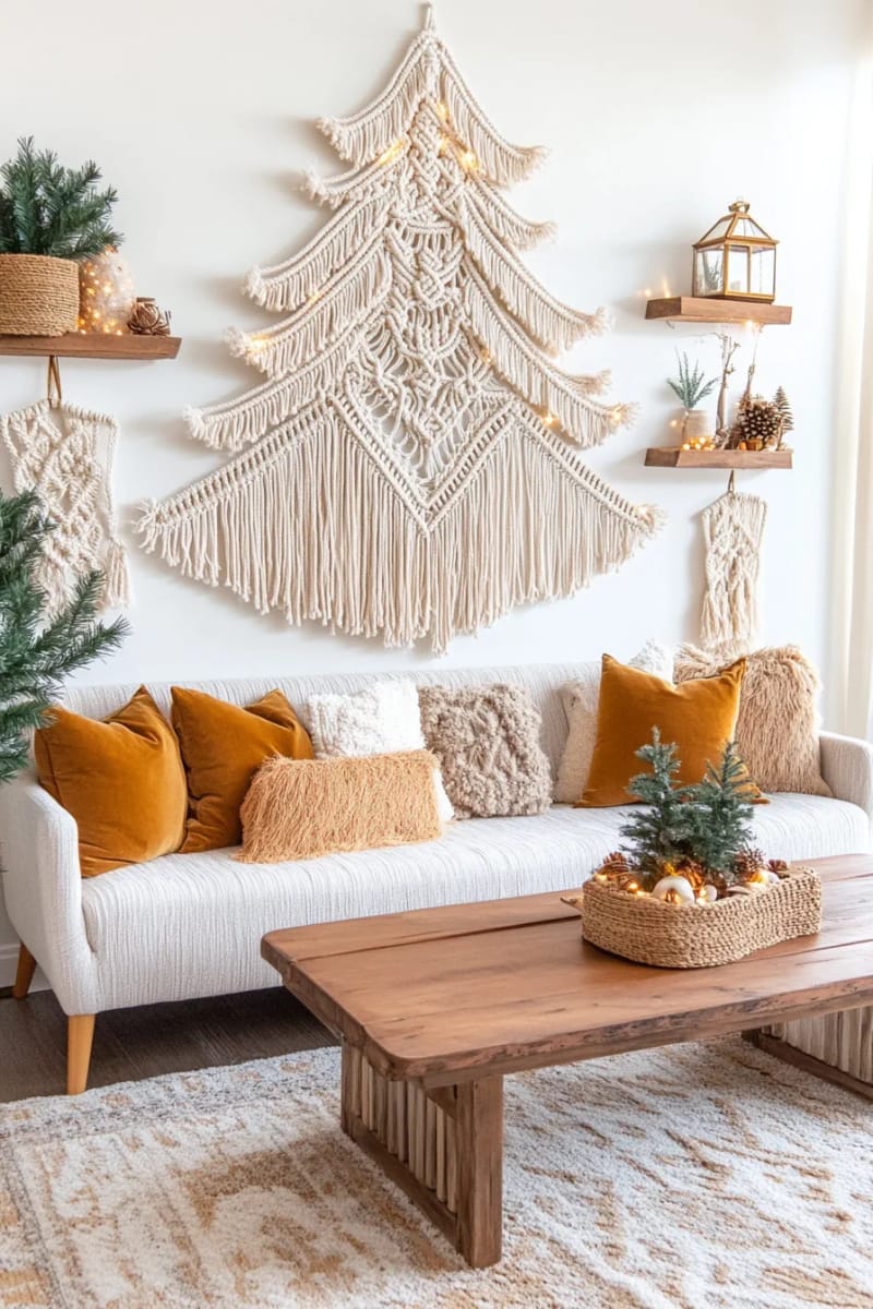 boho macramé christmas tree wall hanging with tiny twinkle lights 1