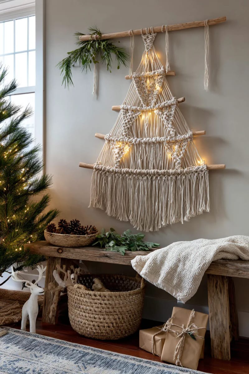 boho macramé christmas tree wall hanging with tiny twinkle lights 1