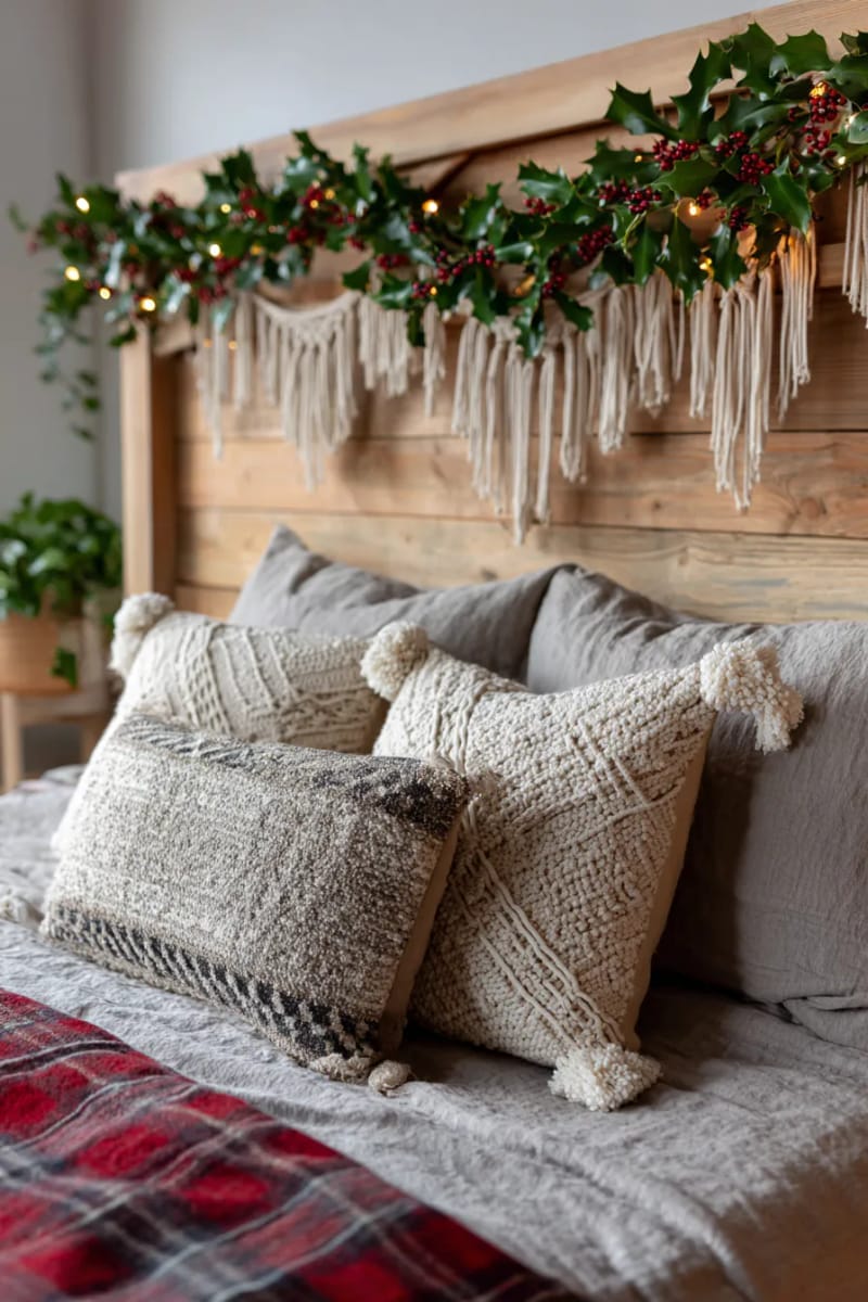 boho macramé garland interwoven with sprigs of holly on a headboard 1