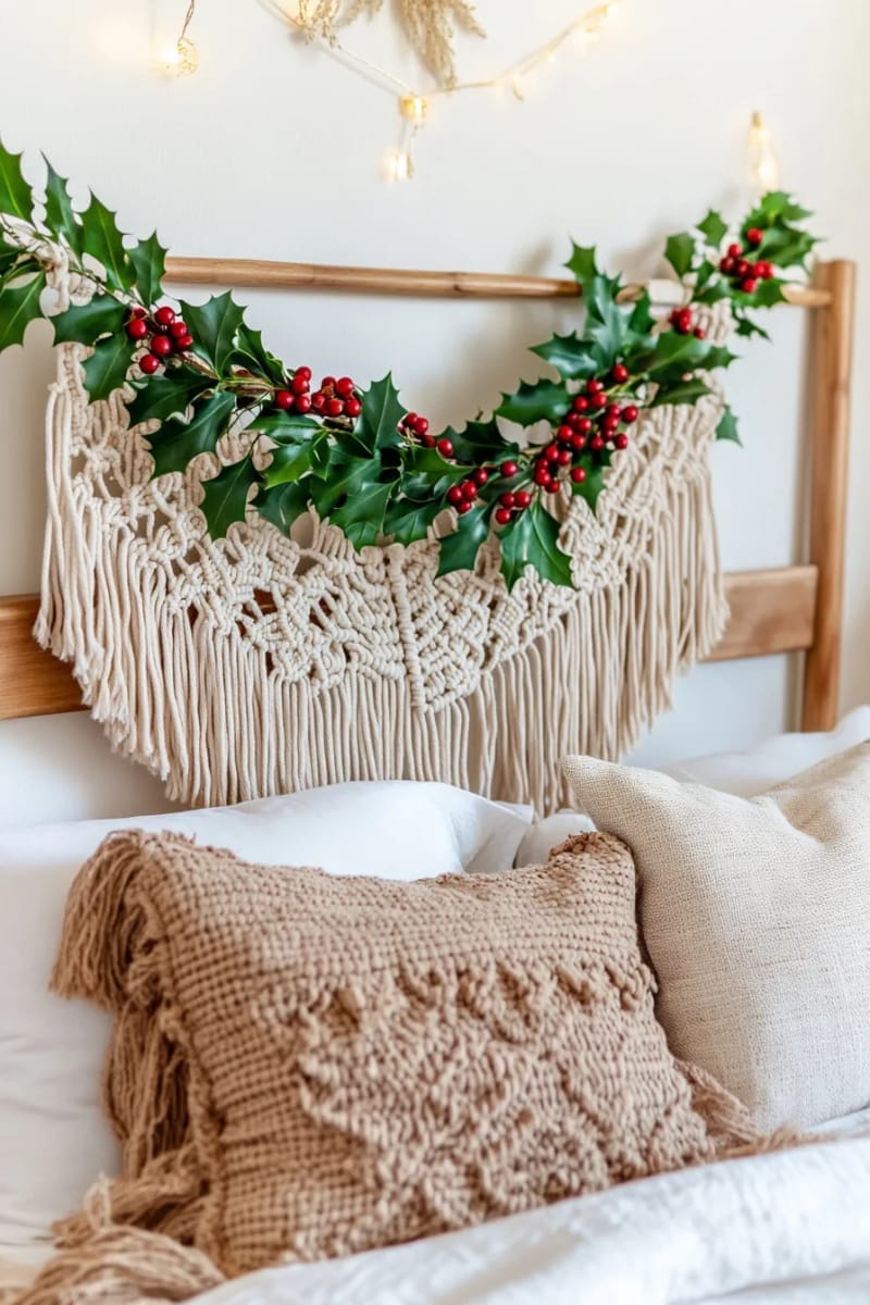 boho macramé garland interwoven with sprigs of holly on a headboard 1