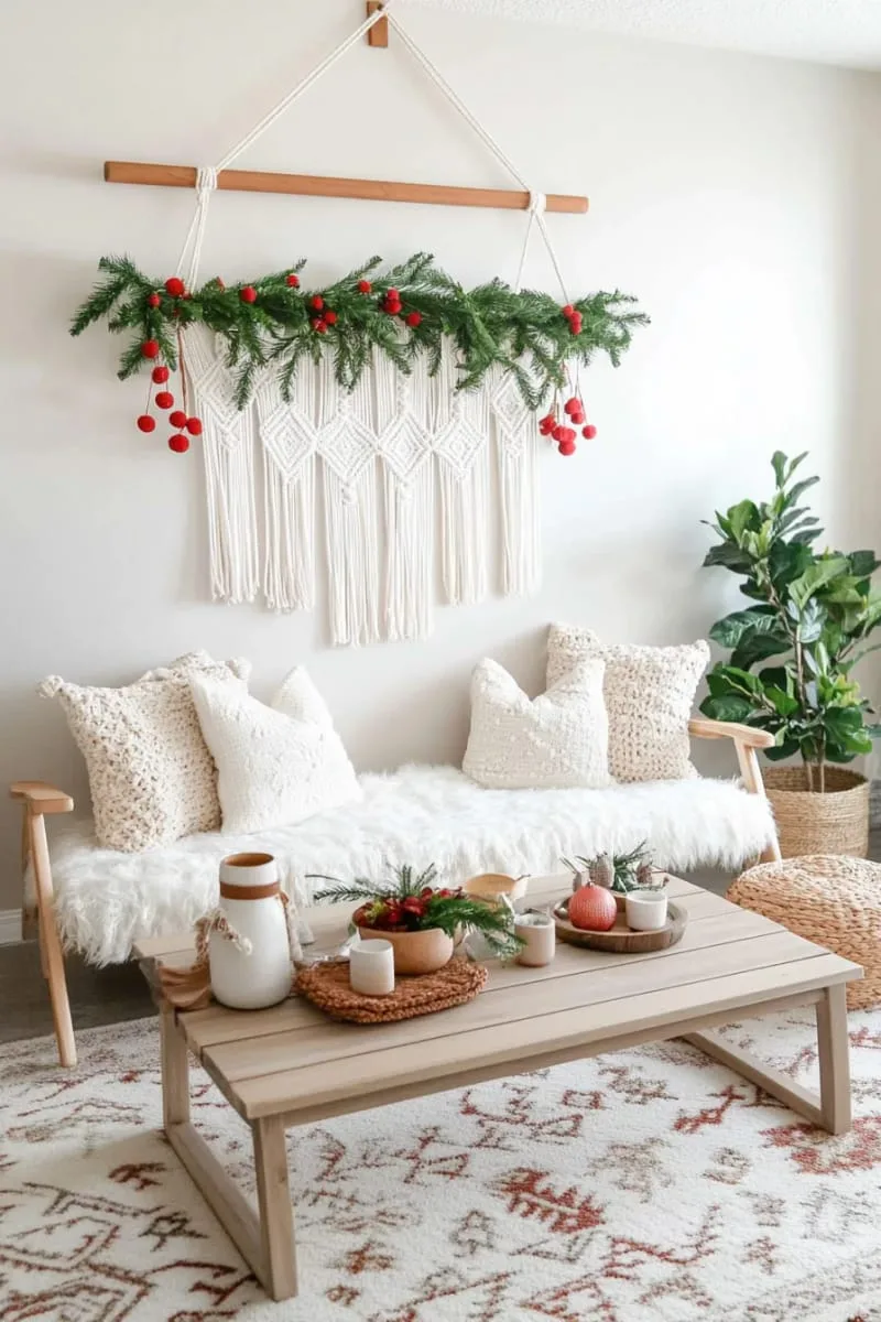 boho macramé wall hanging with tiny red pom-poms and greenery 1