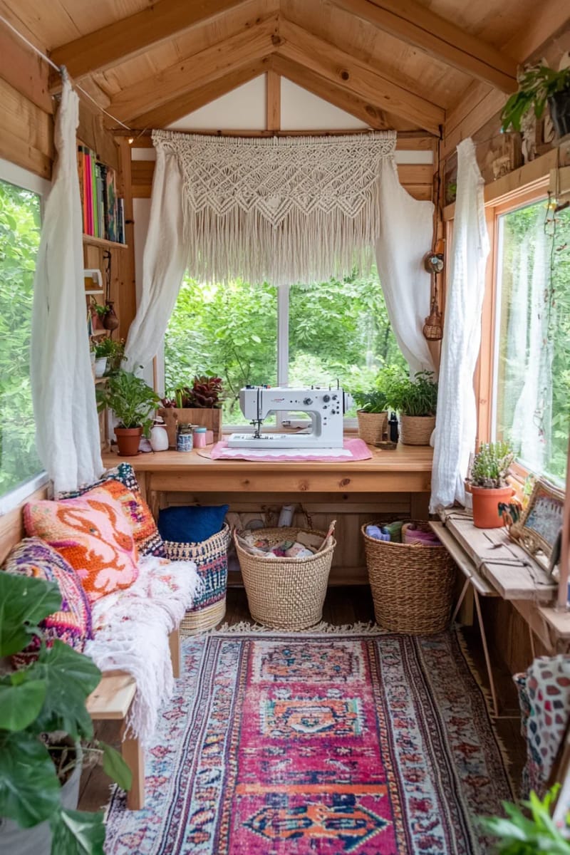 boho macrame wall hanging above sewing machine setup 1