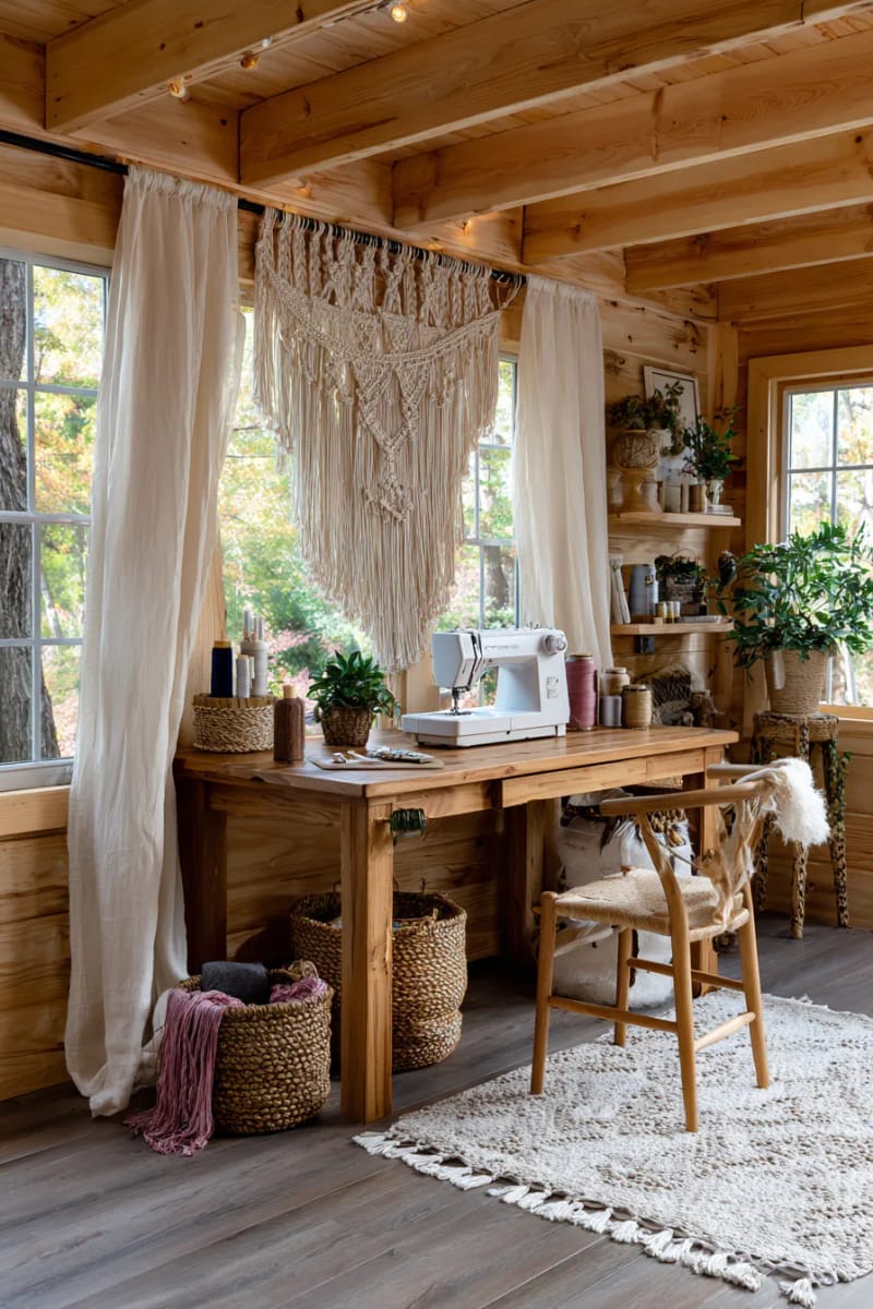 boho macrame wall hanging above sewing machine setup 1