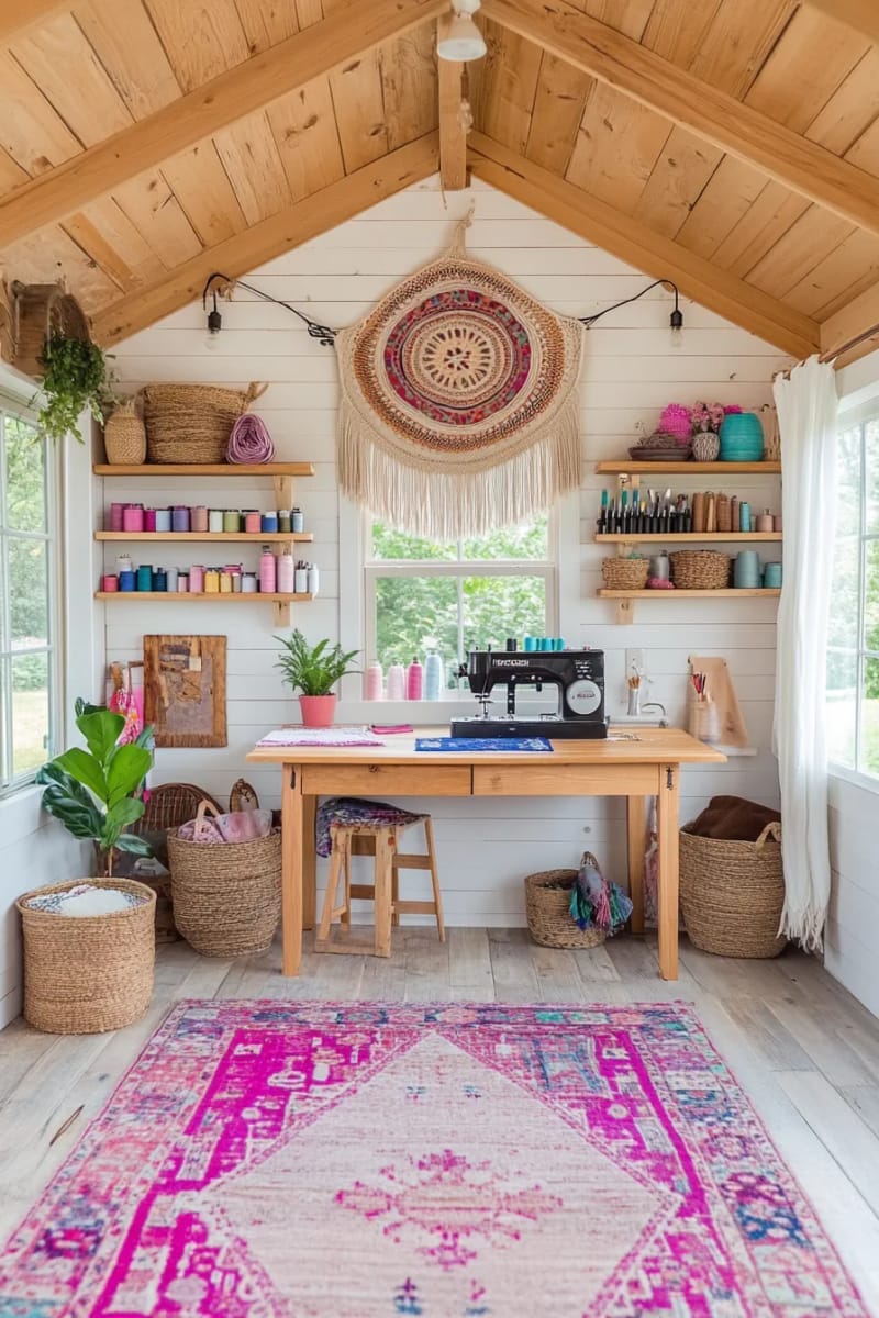 boho macrame wall hanging above sewing machine setup 1