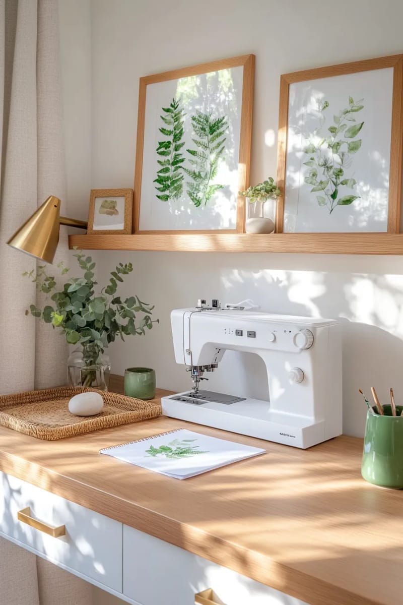 botanical prints and natural wood accents for calming workspace 1