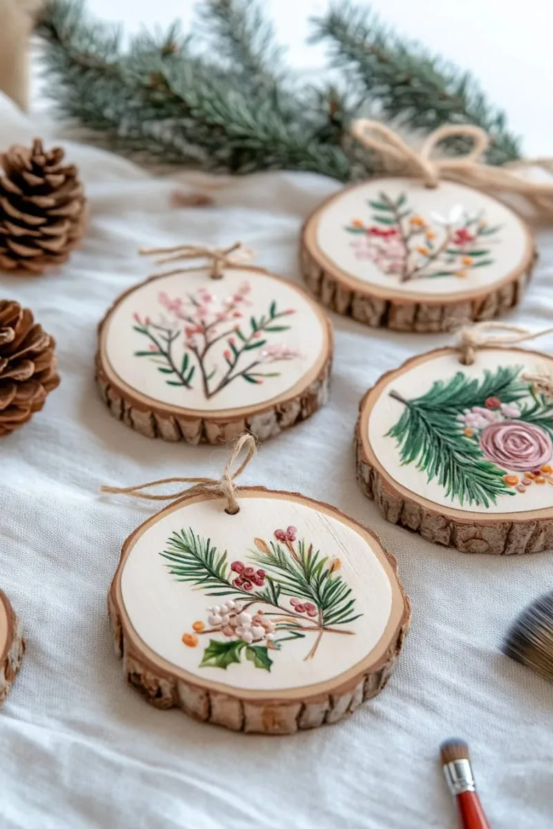 botanical wood slice ornaments with painted pine and florals 1