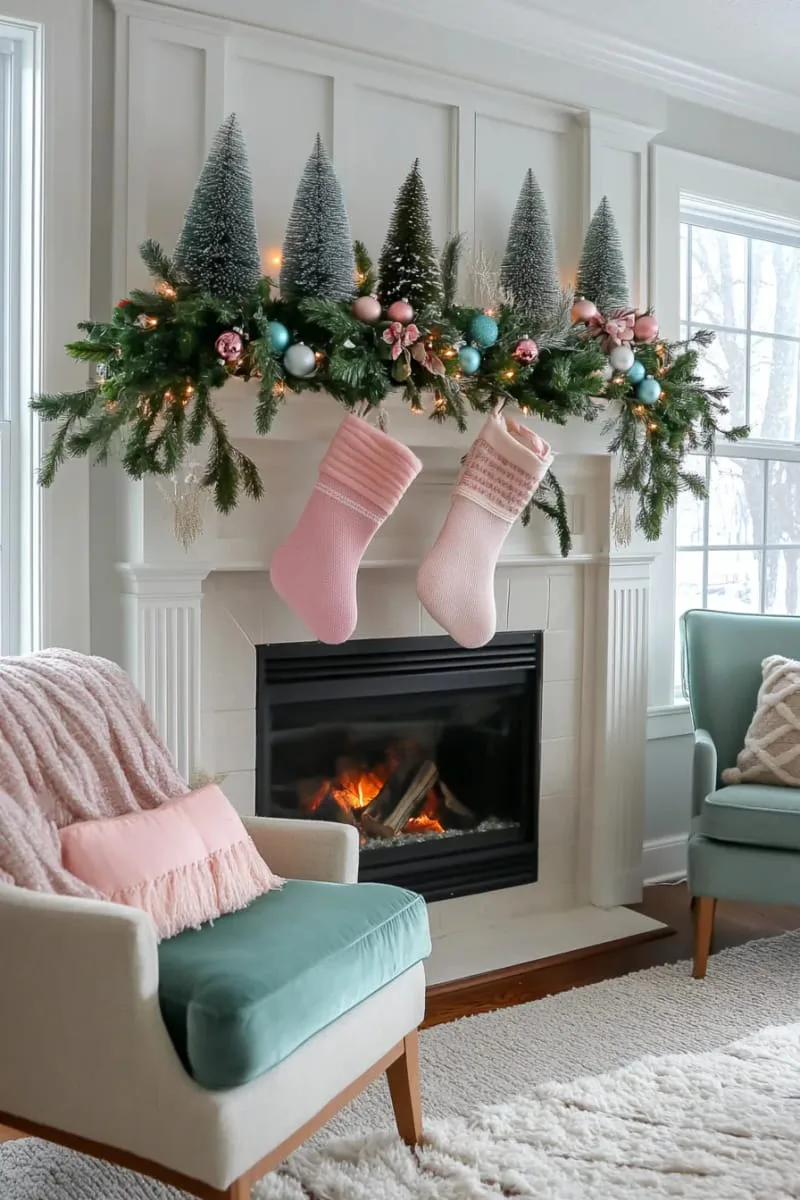bottle brush trees in varying heights and colors across the mantel 1