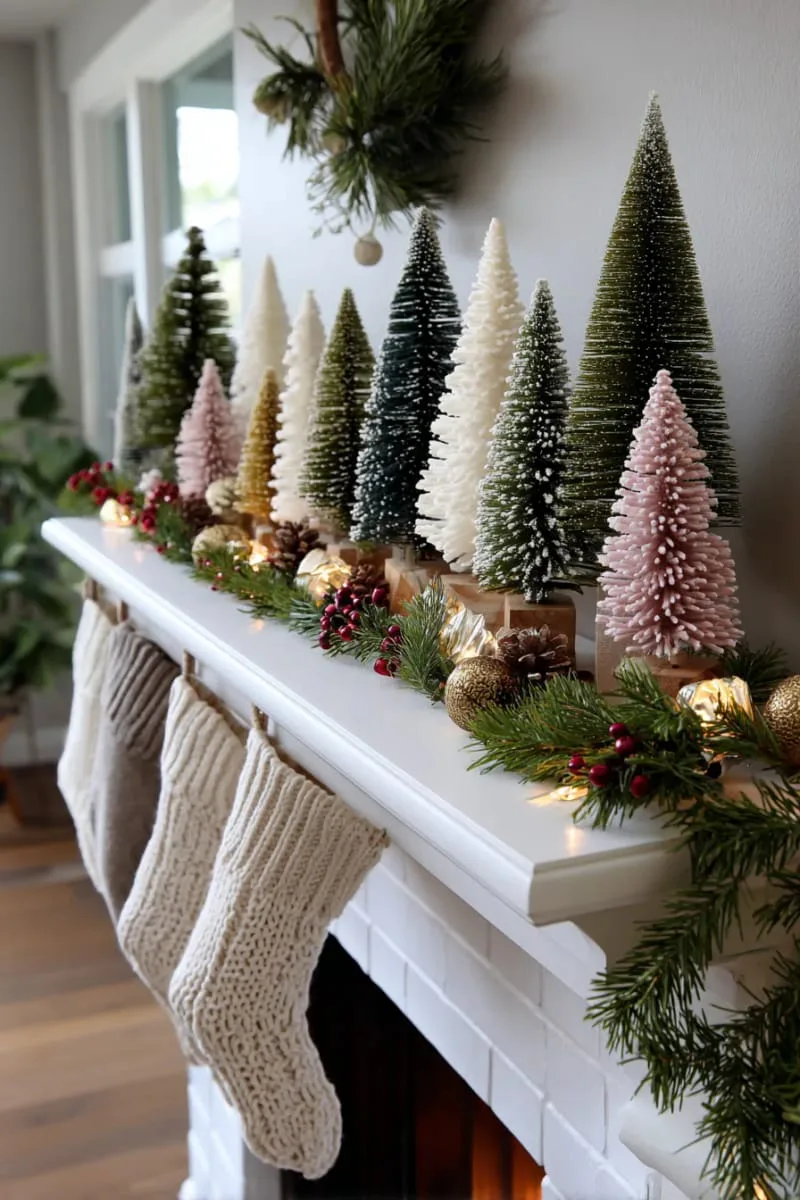 bottle brush trees in varying heights and colors across the mantel 1