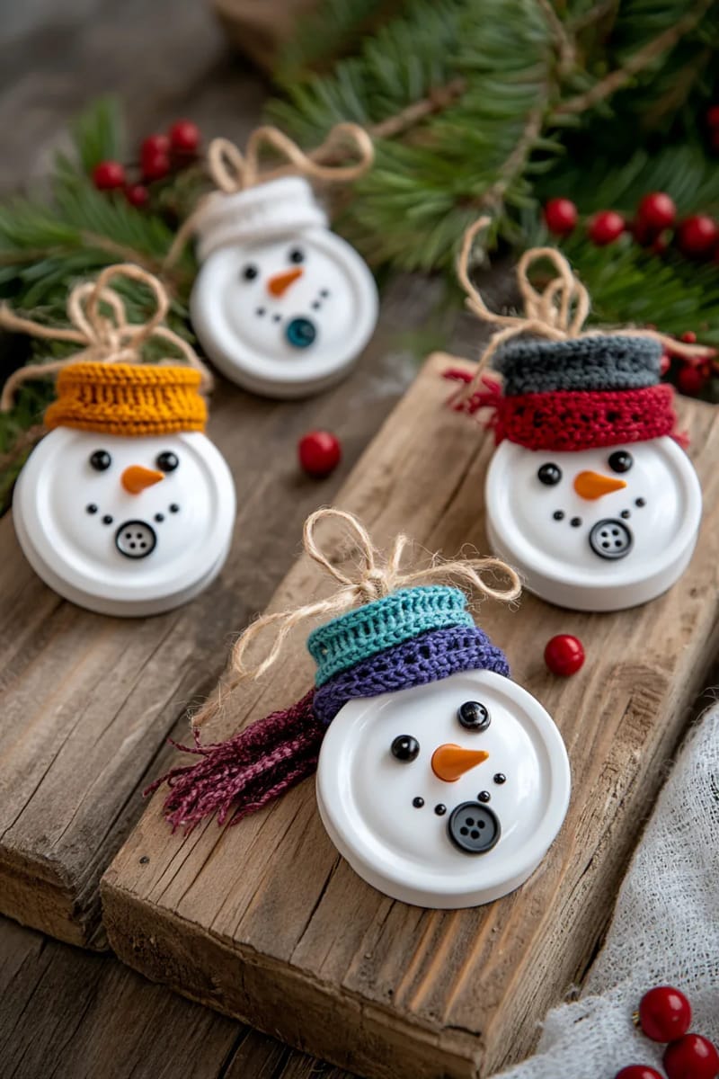 25 Upcycled Christmas Crafts DIY: Unique & Budget Friendly Decor Ideas 10 bottle or jar cap snowmen ornaments with button scarves and painted faces 1