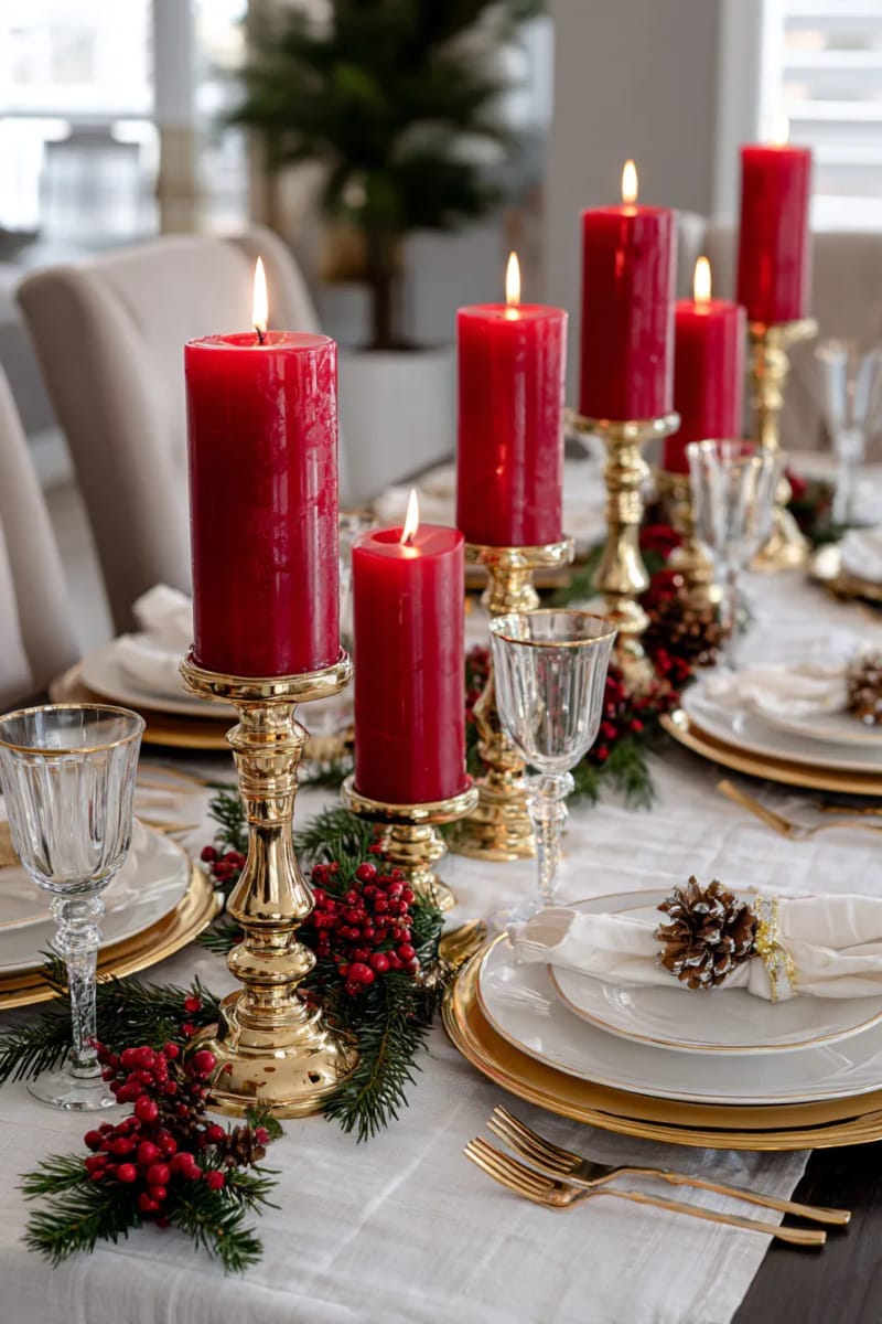 brass candlesticks and red pillar candles for dramatic holiday tablescapes 1