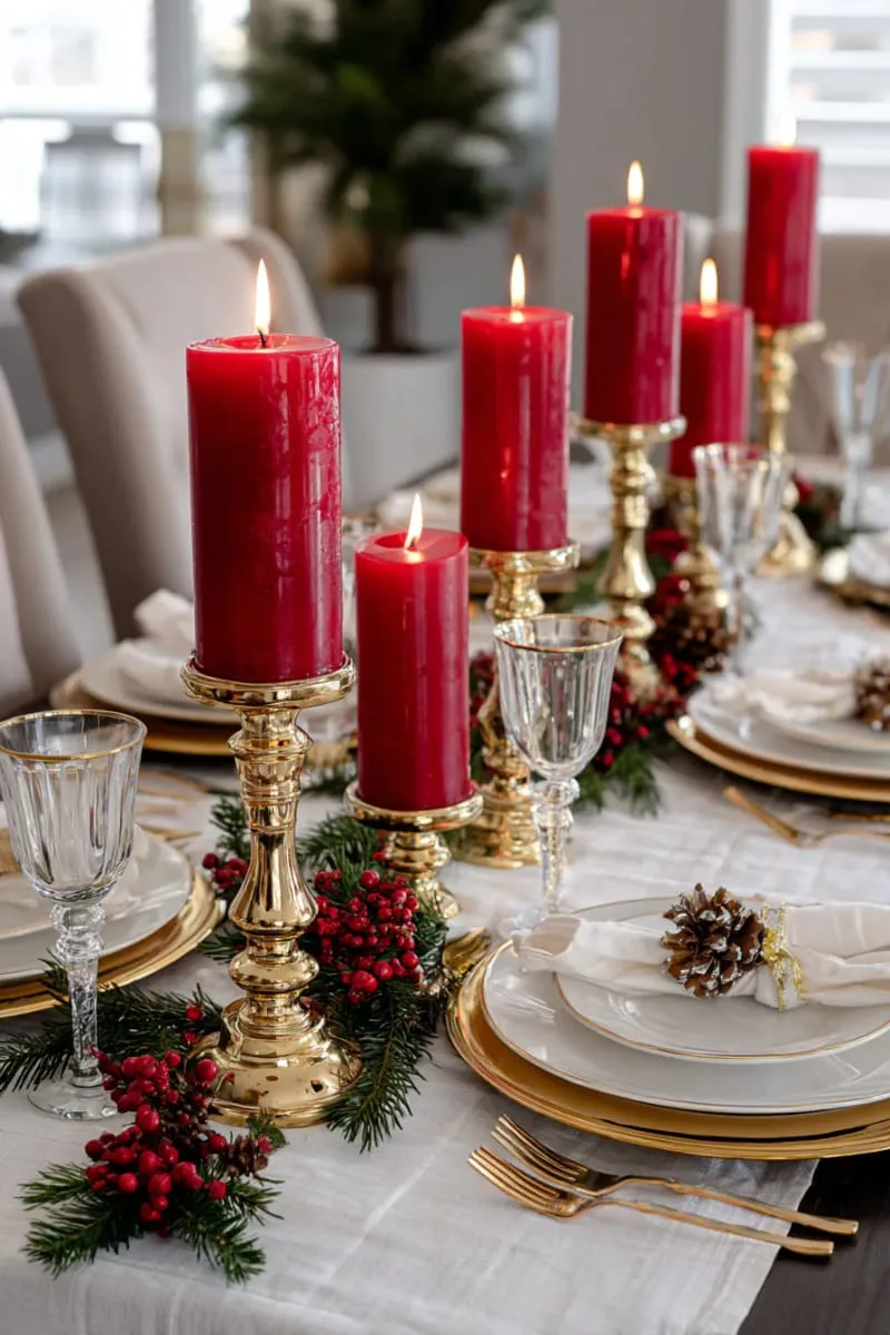 25 Traditional Christmas Decor Ideas with a Nostalgic Vintage Touch 24 brass candlesticks and red pillar candles for dramatic holiday tablescapes 1