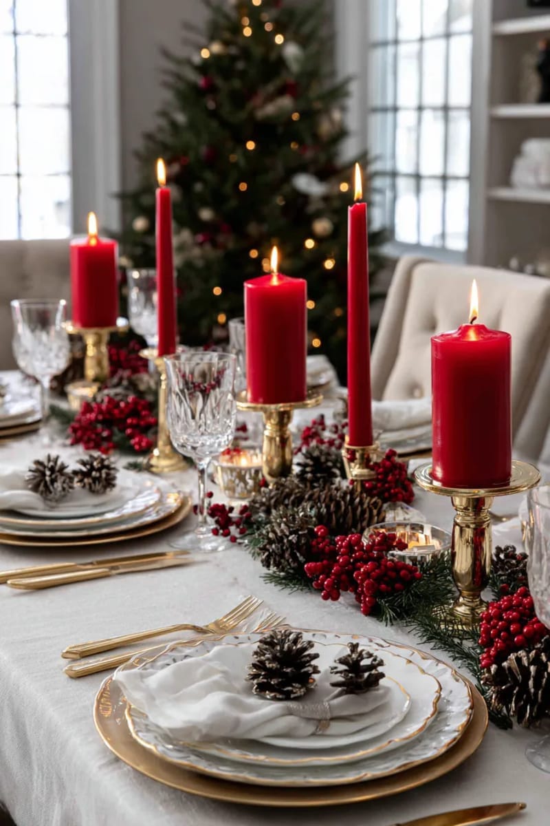 brass candlesticks and red pillar candles for dramatic holiday tablescapes 1