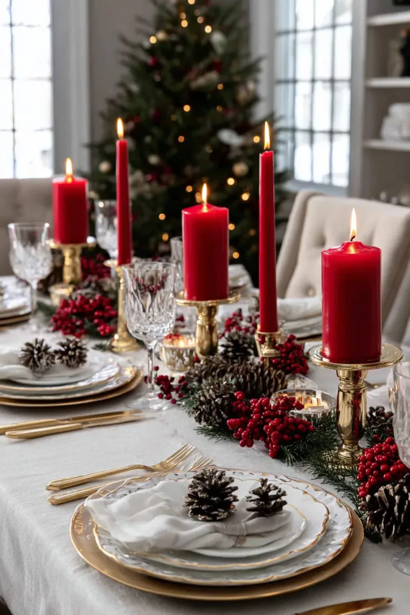25 Traditional Christmas Decor Ideas with a Nostalgic Vintage Touch 25 brass candlesticks and red pillar candles for dramatic holiday tablescapes 1