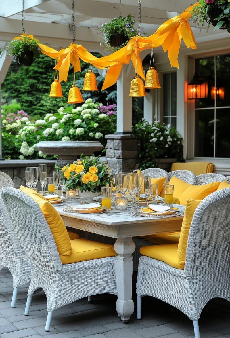 bright yellow paper bell garland tied with gold ribbons 31