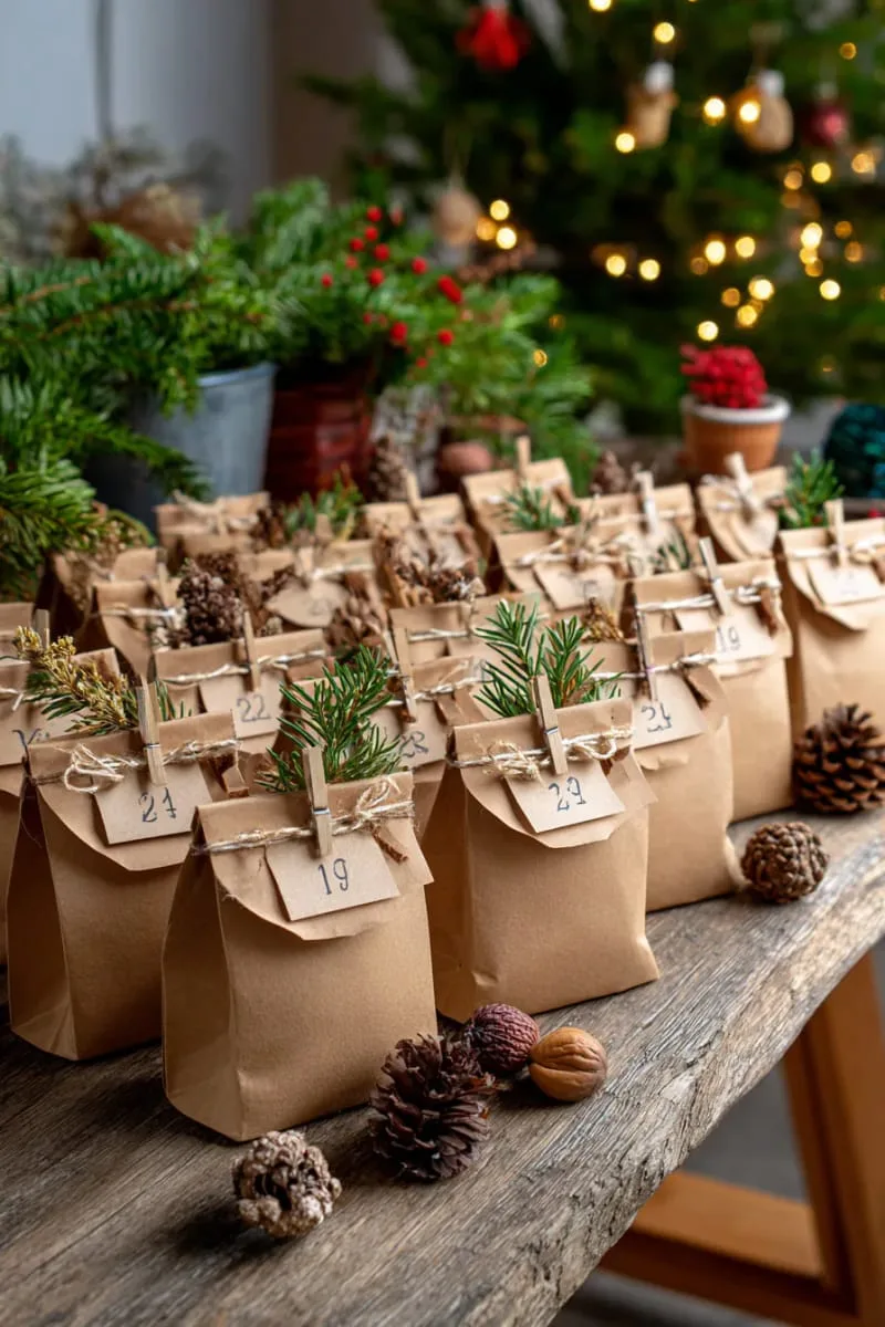 brown kraft paper advent calendar with tiny woodland treasures 1
