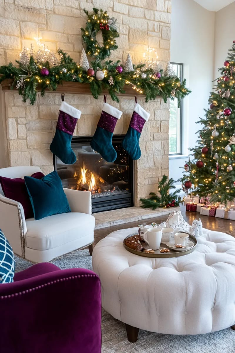 29 Stylish Christmas Mantle Decor Ideas to Inspire Your Home 9 burgundy and baby blue stockings paired with lush eucalyptus garland 1