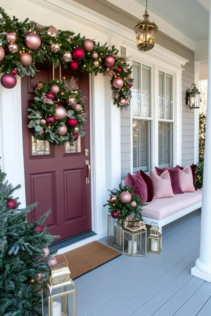 burgundy and blush garland with oversized ornaments and eucalyptus 1