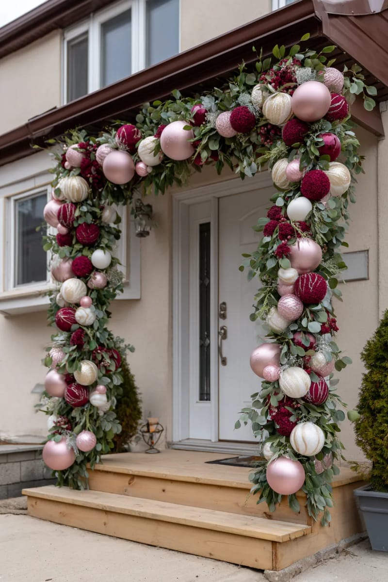 27 Beautiful Christmas Front Door Decor Ideas to Inspire 50 burgundy and blush garland with oversized ornaments and eucalyptus 1