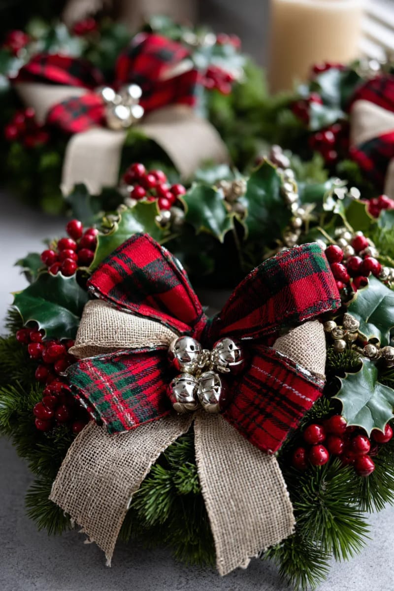27 Vintage Christmas Decorations You'll Love 26 burlap and red plaid bows tied onto wreaths using jingle bells and holly sprigs 1