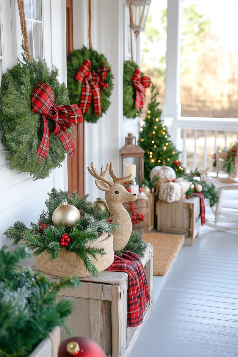 27 Vintage Christmas Decorations You'll Love 27 burlap and red plaid bows tied onto wreaths using jingle bells and holly sprigs 1