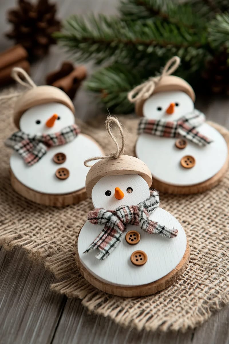 27 Unique Homemade Christmas Decorations You'll Love 52 button snowman ornaments made from reclaimed wood scraps 1