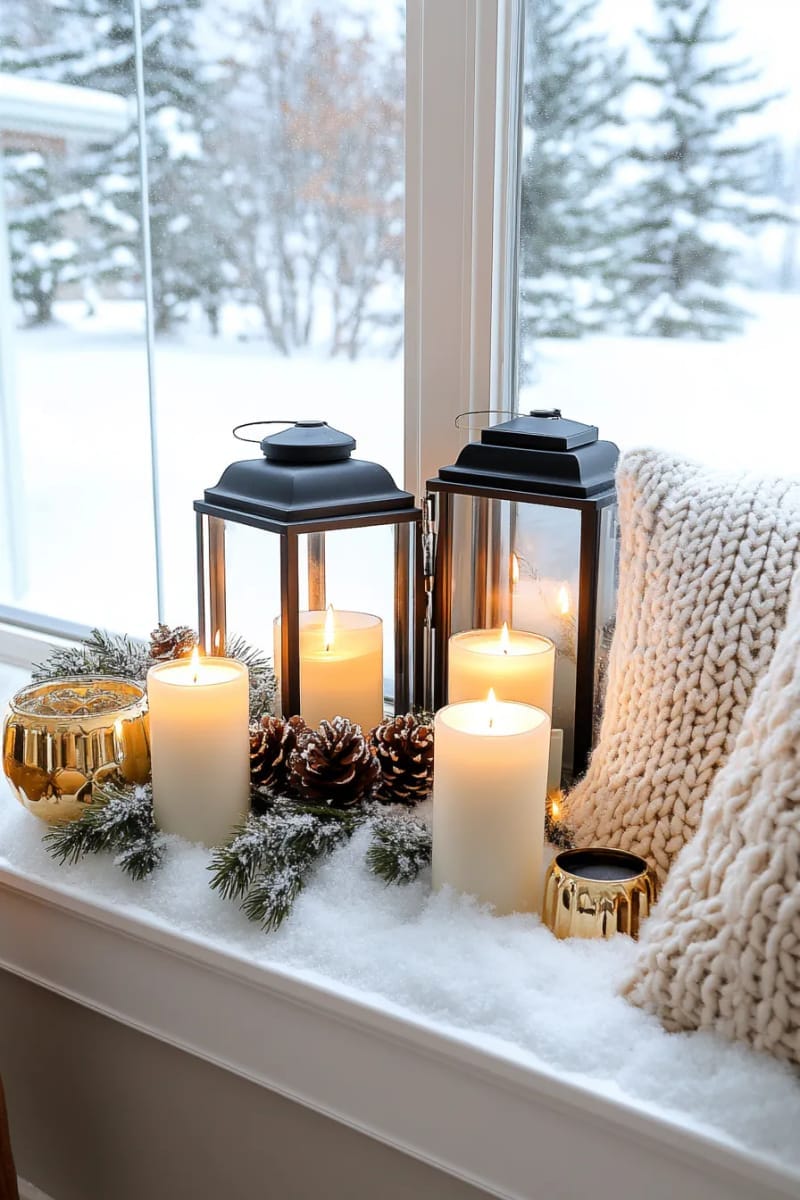 25 Best Christmas Window Decor Ideas to Try This Year 28 candle lanterns and faux snow lining the window ledge for warm coziness. 1