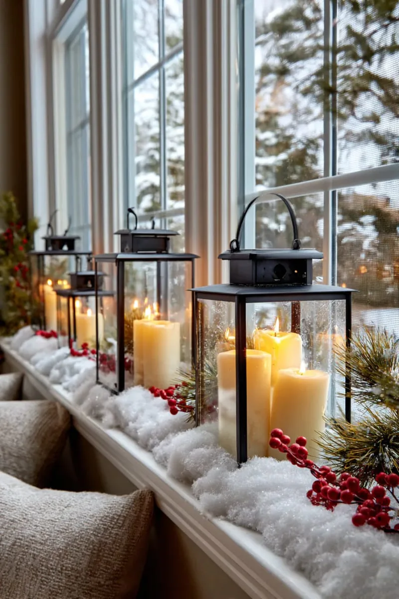 25 Best Christmas Window Decor Ideas to Try This Year 51 candle lanterns and faux snow lining the window ledge for warm coziness. 1