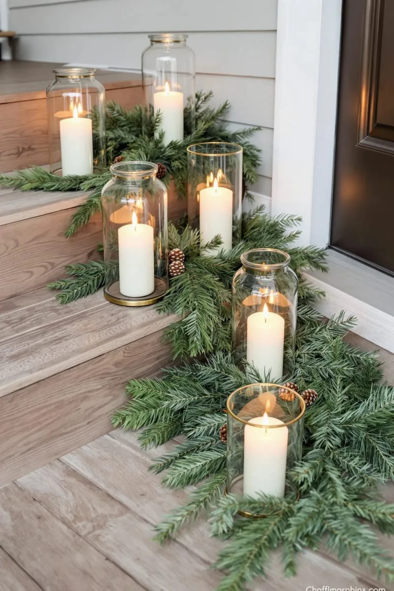 29 Simple Christmas Decor Ideas for a Beautiful Holiday Season 56 candle-lit lanterns surrounded by pine sprigs on the porch 1