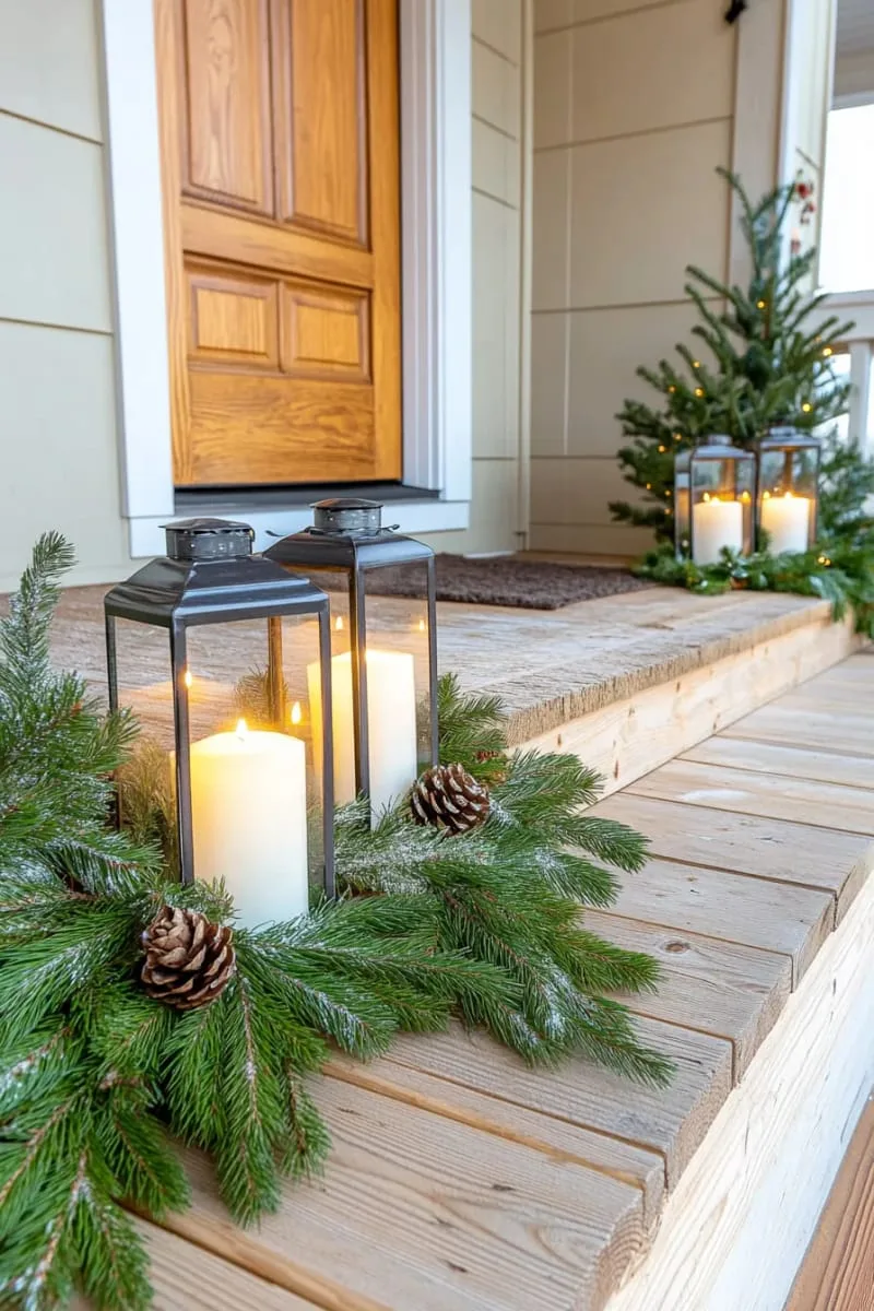 29 Simple Christmas Decor Ideas for a Beautiful Holiday Season 57 candle-lit lanterns surrounded by pine sprigs on the porch 1