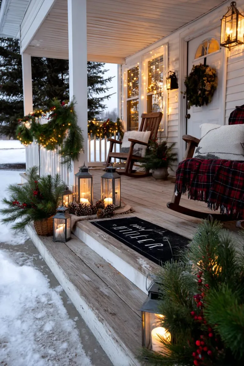 29 Simple Christmas Decor Ideas for a Beautiful Holiday Season 58 candle-lit lanterns surrounded by pine sprigs on the porch 1