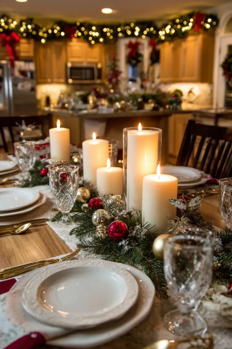 29 Creative Christmas Kitchen Decor Ideas You'll Absolutely Love 44 candlelit tablescape with gold and red baubles 1