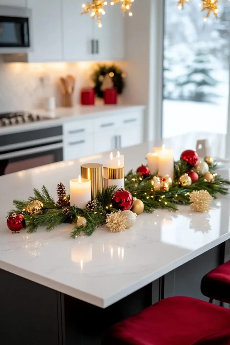 29 Creative Christmas Kitchen Decor Ideas You'll Absolutely Love 46 candlelit tablescape with gold and red baubles 1