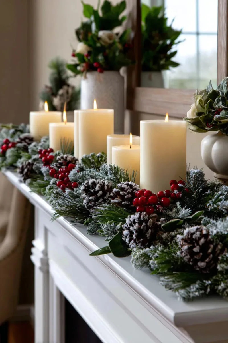 candles of varying heights surrounded by snowy faux greenery 1