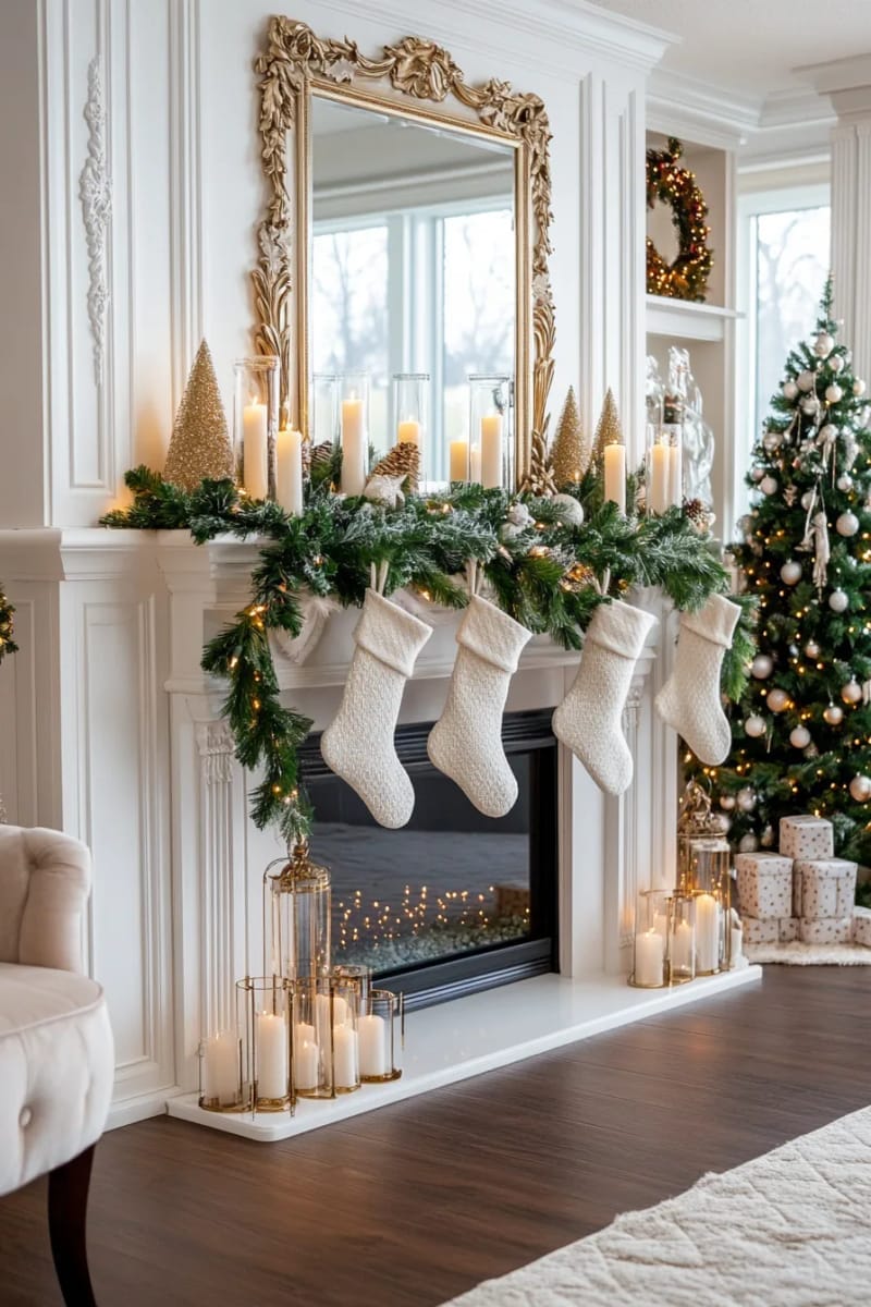 29 Stylish Christmas Mantle Decor Ideas to Inspire Your Home 11 candles of varying heights surrounded by snowy faux greenery 1