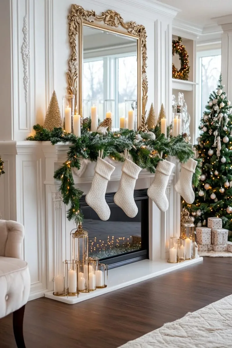 candles of varying heights surrounded by snowy faux greenery 1