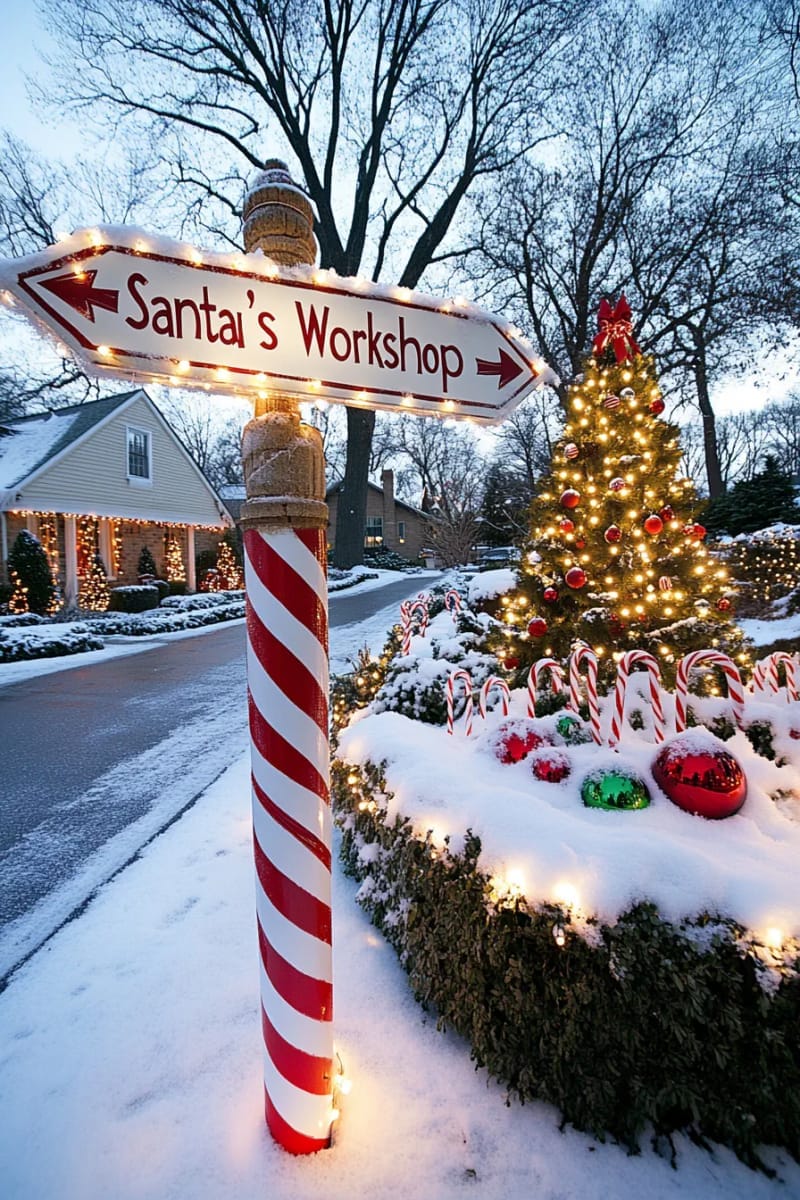 candy cane lane signpost with directional arrows to “santa’s workshop” 1