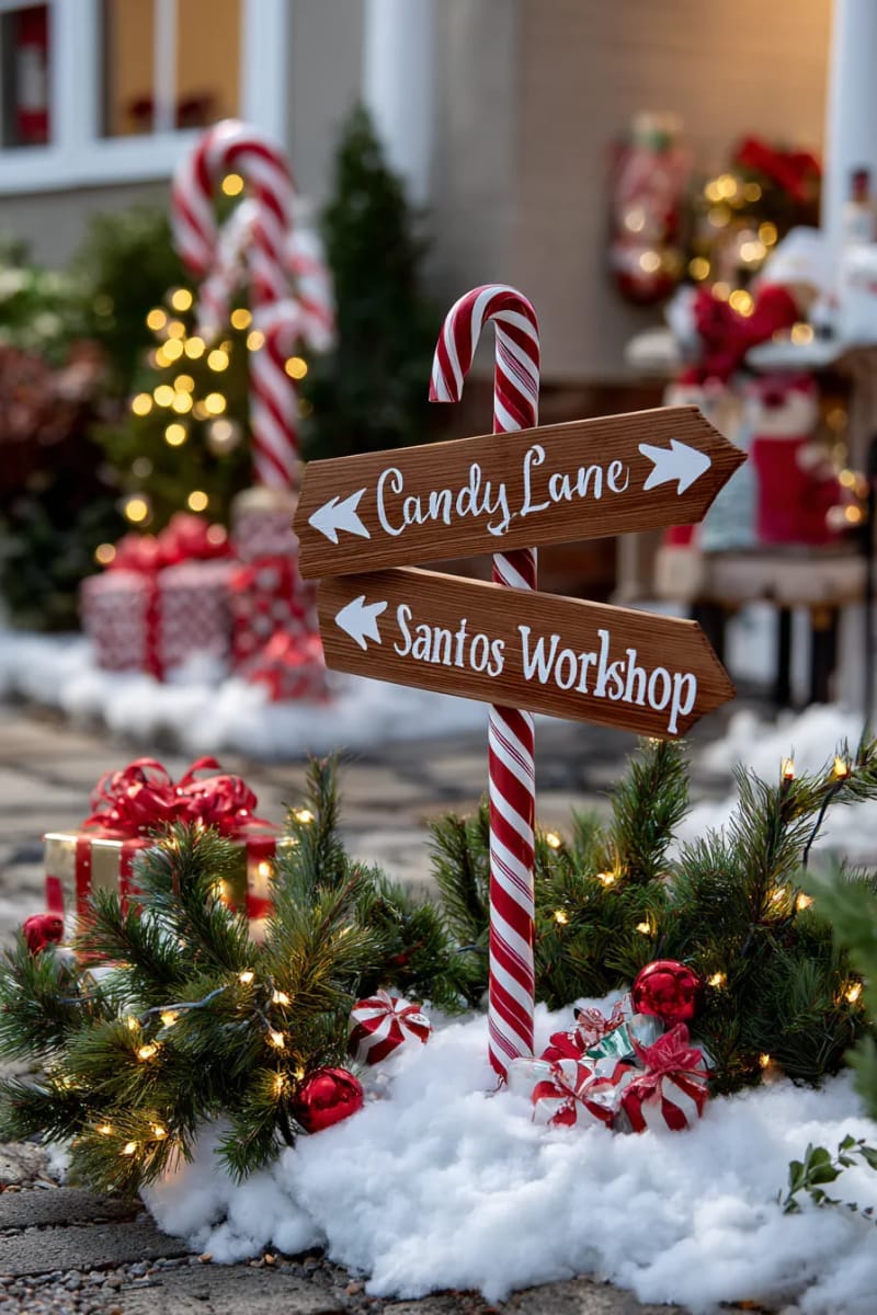 candy cane lane signpost with directional arrows to “santa’s workshop” 1