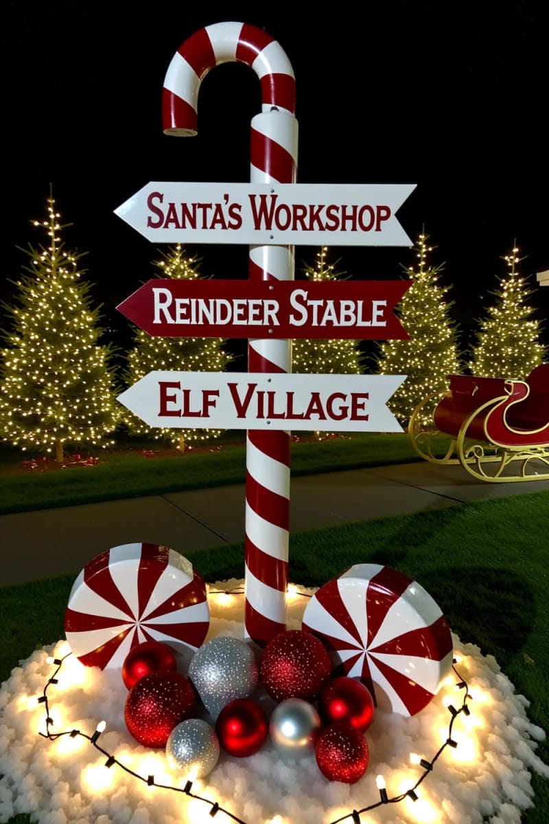 candy cane lane signpost with directional arrows to “santa’s workshop” 1