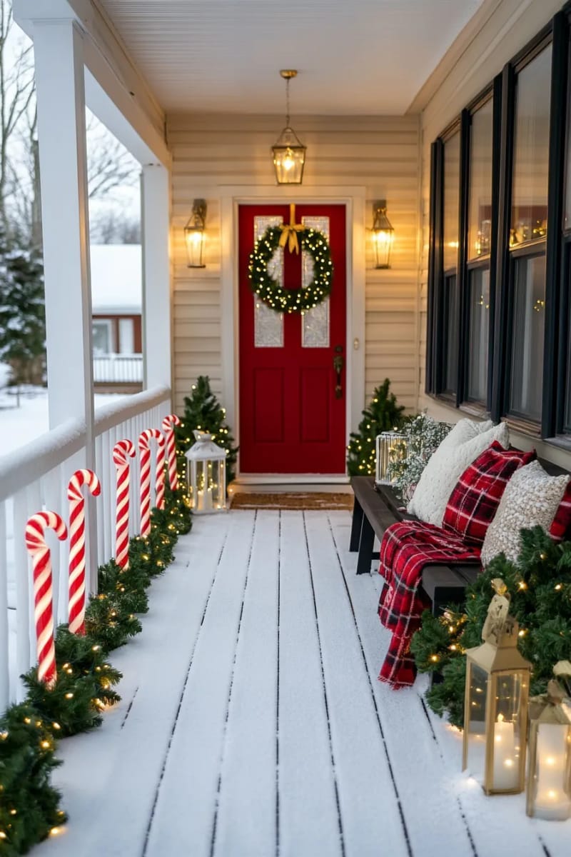 candy cane pathway lights leading to porch with gold bows 1