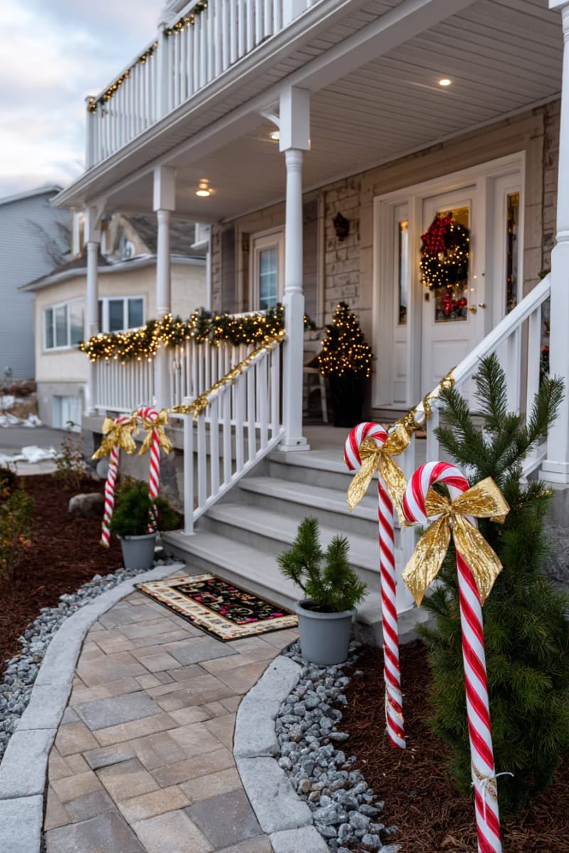 candy cane pathway lights leading to porch with gold bows 1